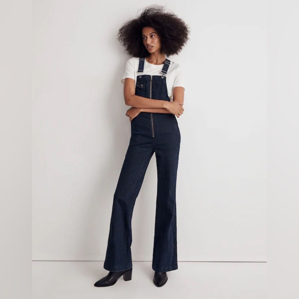 Madewell High Rise Loose Flare Overalls in Dark Blue